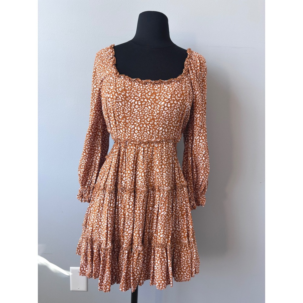 Altard State cut out‎ Dress Small yellow Brown floral Print Mini Tiered Ruffle